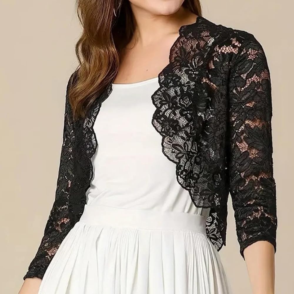 Women's Elegant 3/4 Sleeve Sheer Floral Lace Bolero Shrug Top